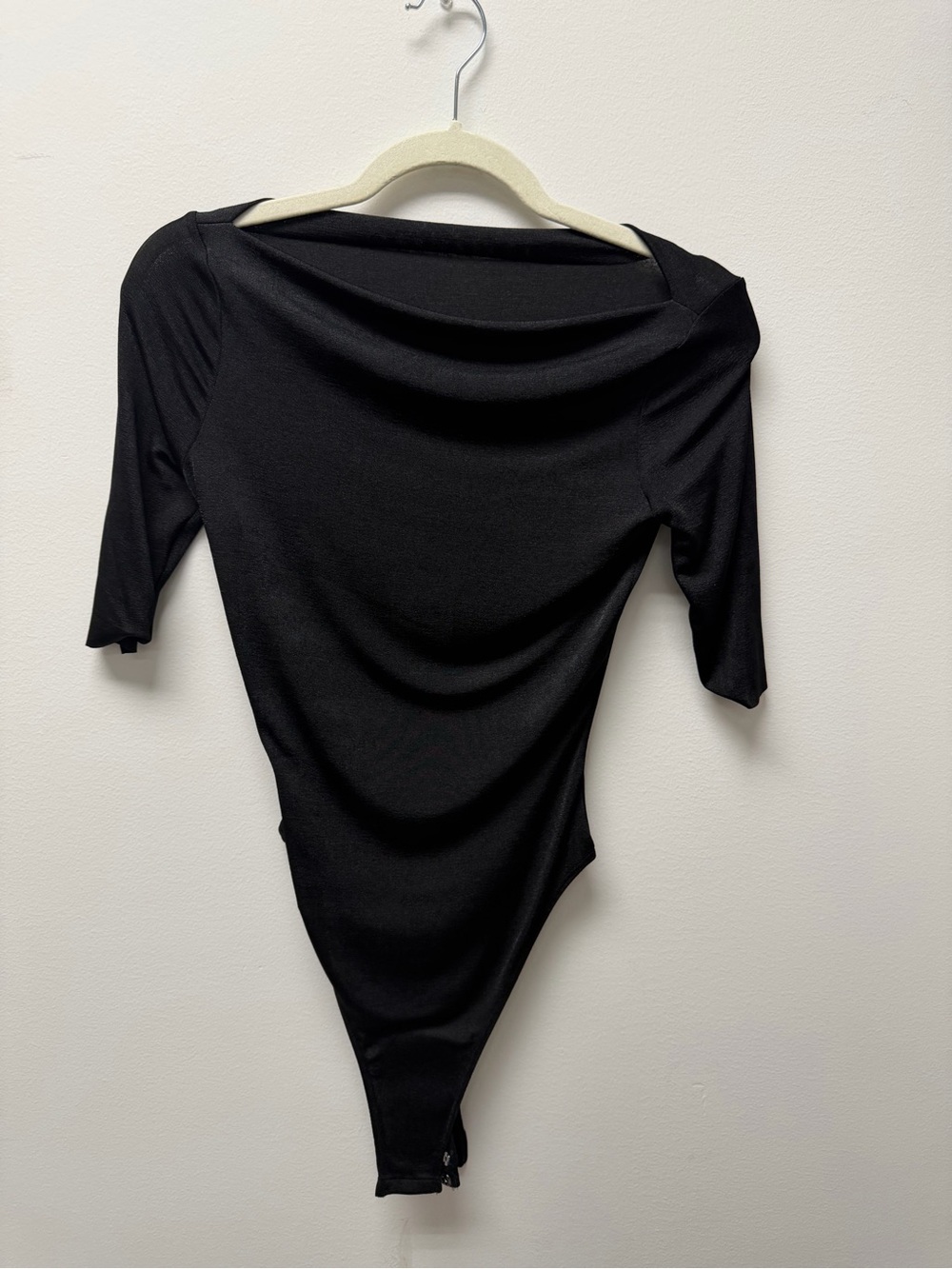 Off-Shoulder Black Stretch Bodysuit with Three-Quarter Sleeves